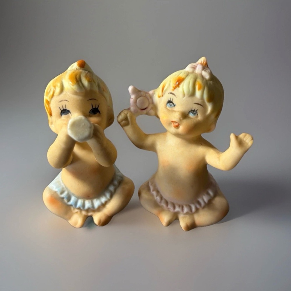 Vintage Lego Babies Salt Pepper Shakers Porcelain Blue Pink Diapers